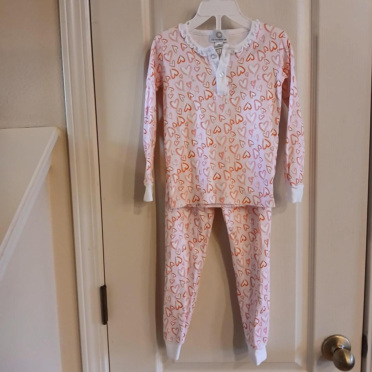 The Proper Peony 100% Pima Cotton Pink Valentine Hearts Two Piece Ruffle Pjs 5